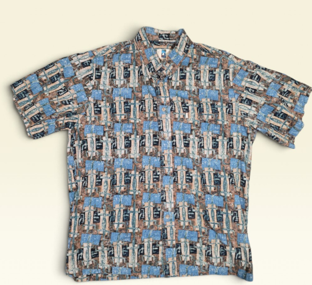 Vintage Kahala Hawaiian Shirt XL Gecko Lizard Petroglyph Abstract Cotton Aloha